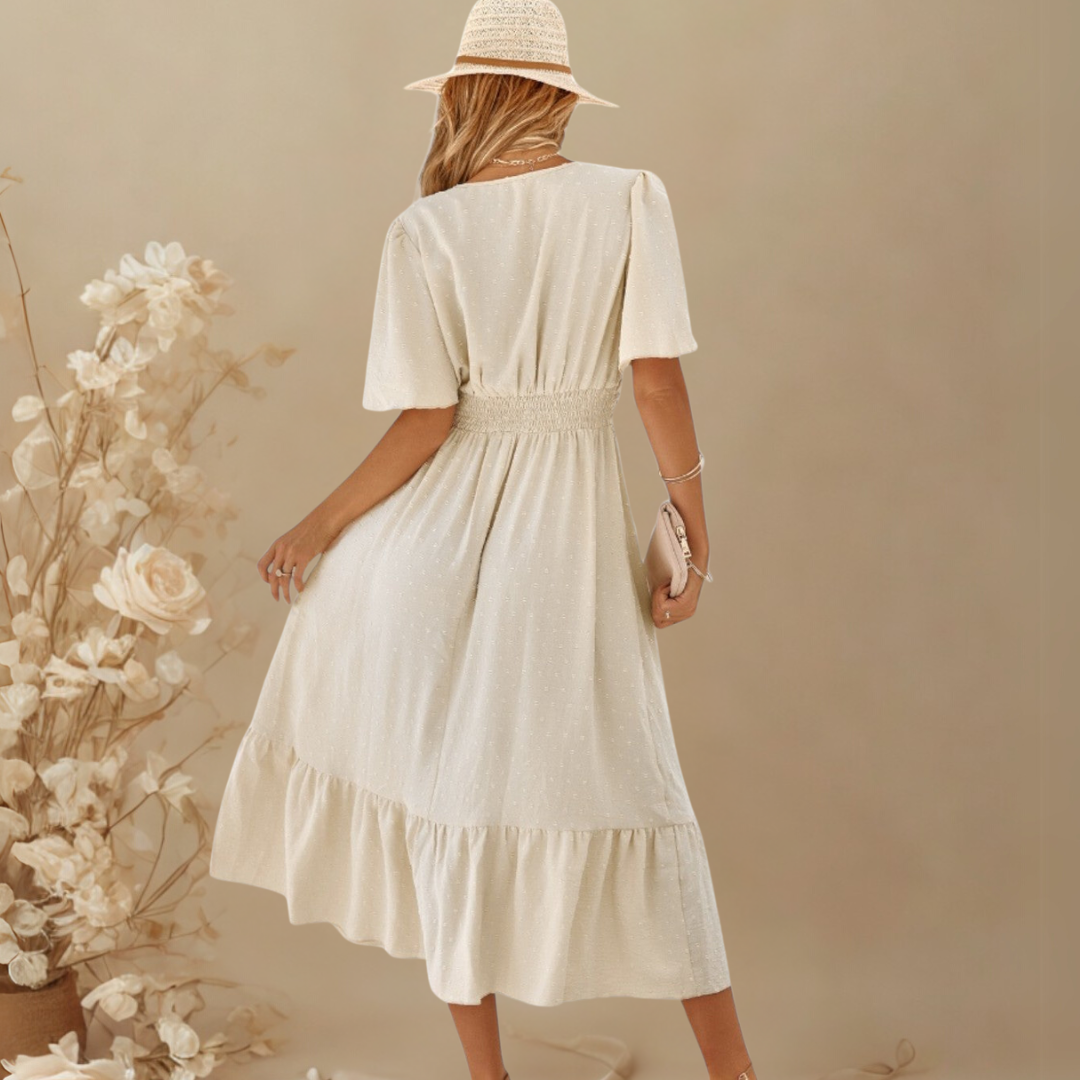 RENÉE™ – V-Neck Calf-Length Dress with Short Sleeves