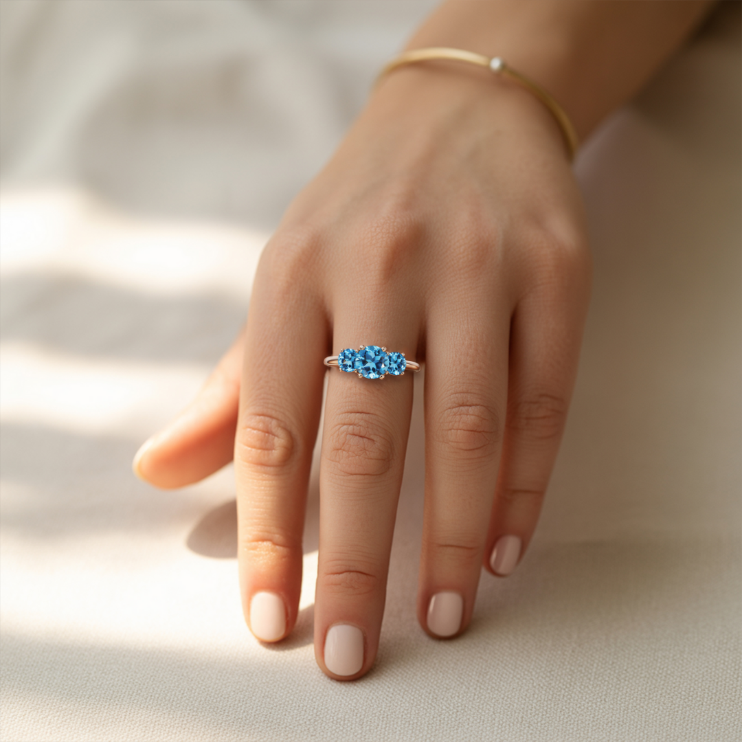 Starborne Ring™ Colored Gem Stone – Three-Stone Blue Moissanite Ring