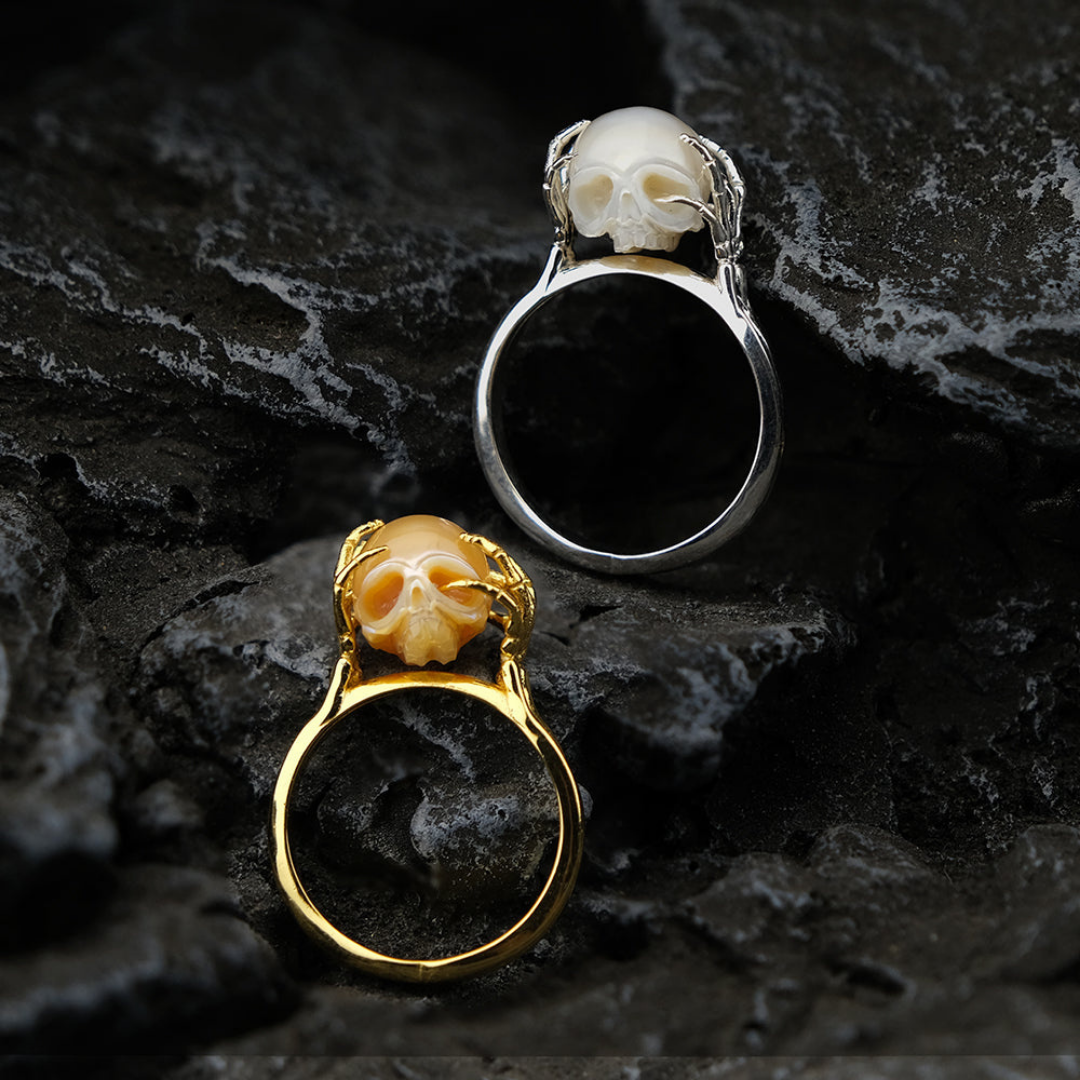 Be A Thinker Pearl Cranium Ring™ Skull Accessories  – Thoughtful Artistic Design with Hand-Carved Pearl Skull