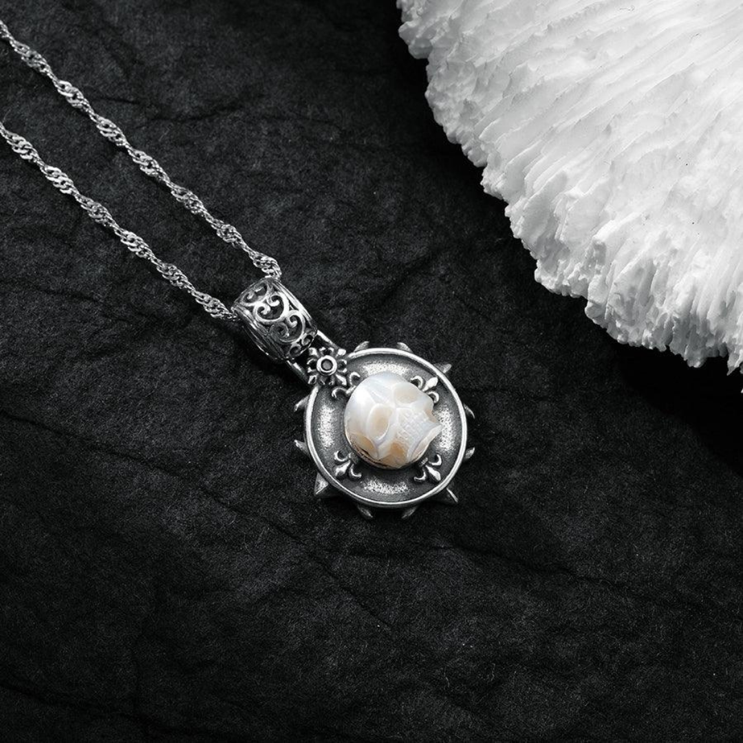 Baroque Carving Pearl Skull Royal Circle Shield Necklace™ Skull Accessories  – Gothic Elegance in a Statement Pendant