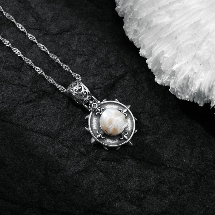Baroque Carving Pearl Skull Royal Circle Shield Necklace™ Skull Accessories  – Gothic Elegance in a Statement Pendant