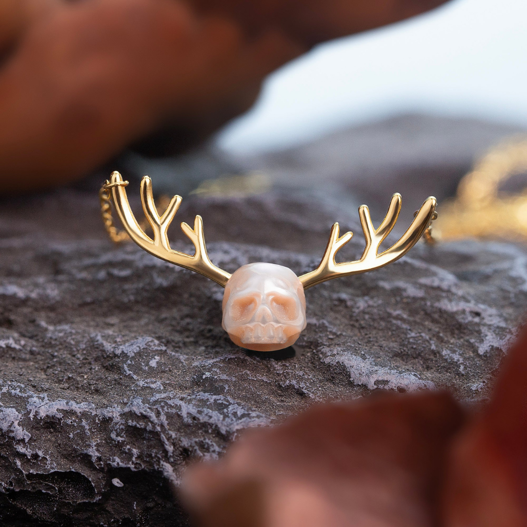Reindeer Antler Pearl Cranium Clavicle Chain Pendant Necklace™ Skull Accessories  – Antler Elegance with Gothic Whimsy