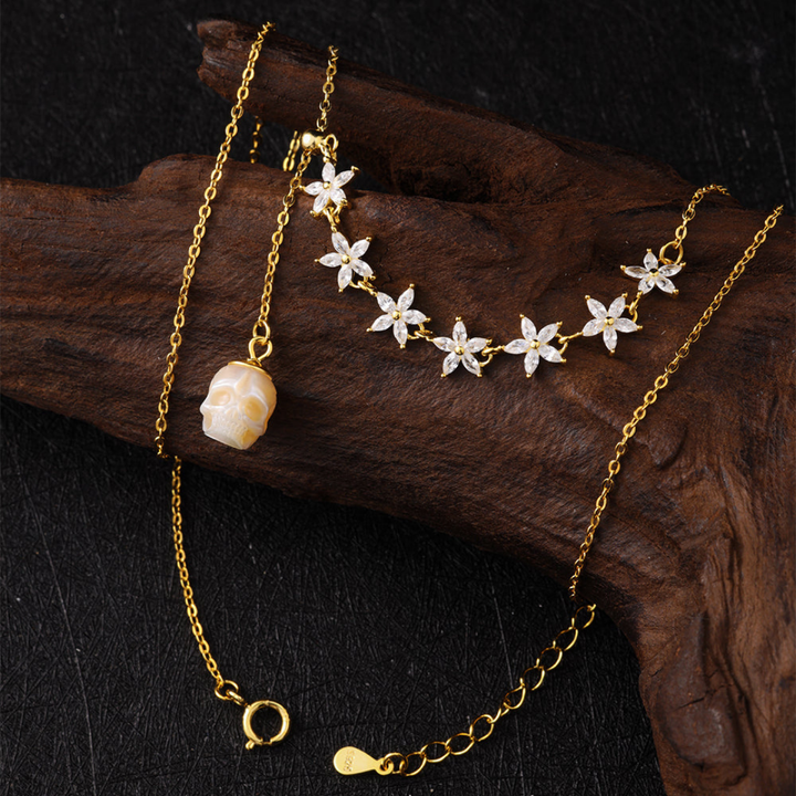 Dainty Pearl Skull Lily Necklace™ Skull Accessories  – Gold Marquise Cut CZ Flowers with Carved Pearl Skull