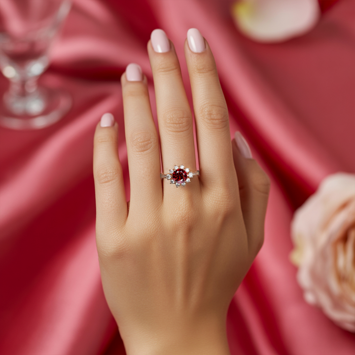 Velvet Blaze Ring™ Colored Gem Stone – Fiery Elegance in a Dazzling Halo