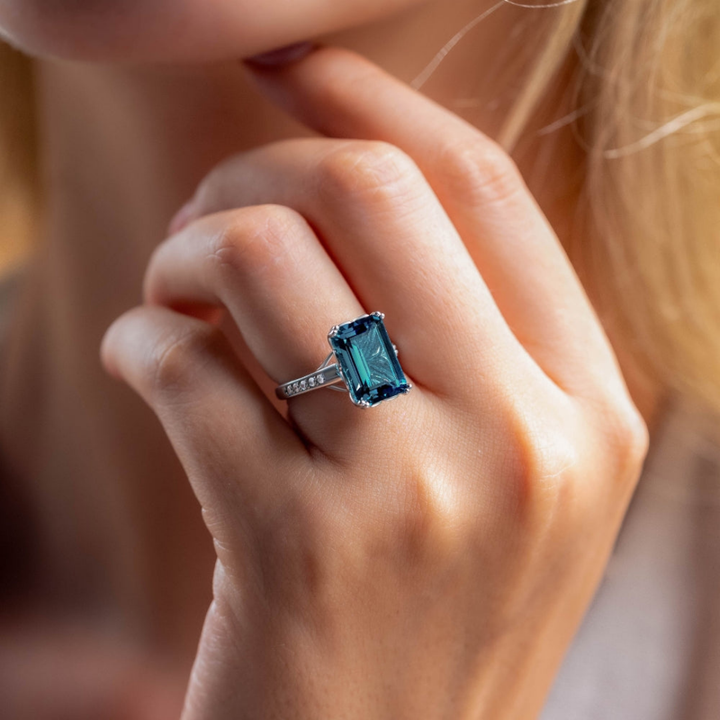Elven Crown Ring™ Colored Gem Stone – Regal Depth in a Sapphire-Toned Emerald Cut
