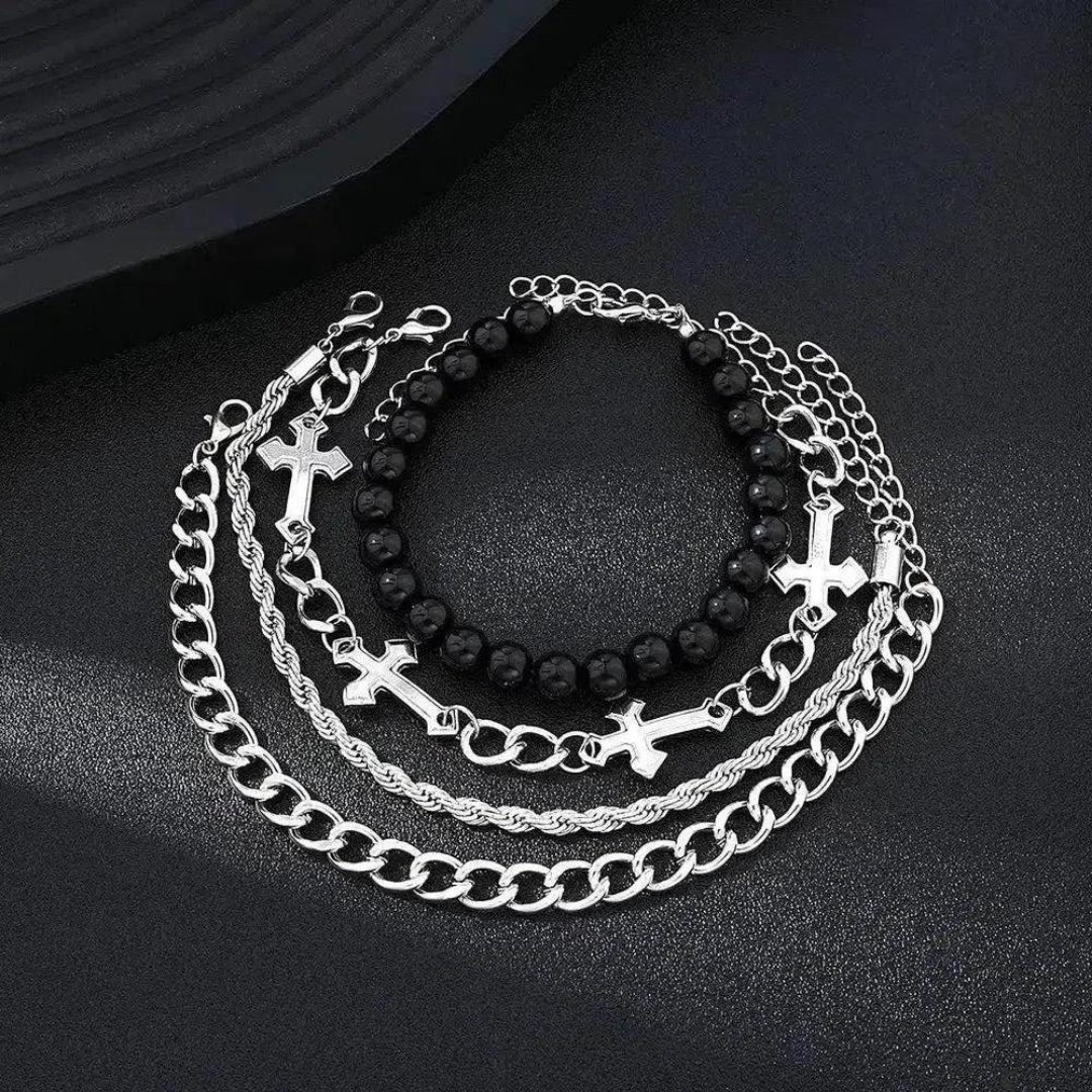 Saint Martin Marion Bracelet™ Men Jewelry – 4-Piece Stainless Steel Bracelet Set with Cross Detail