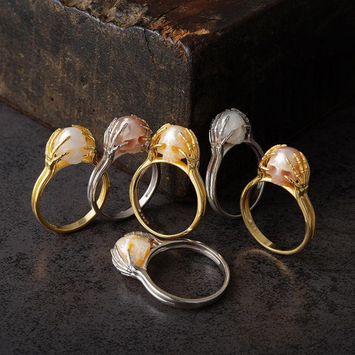 Hands On Head Pearl Cranium Ring™ Skull Accessories  – Gothic Elegance in Sculpted Pearl
