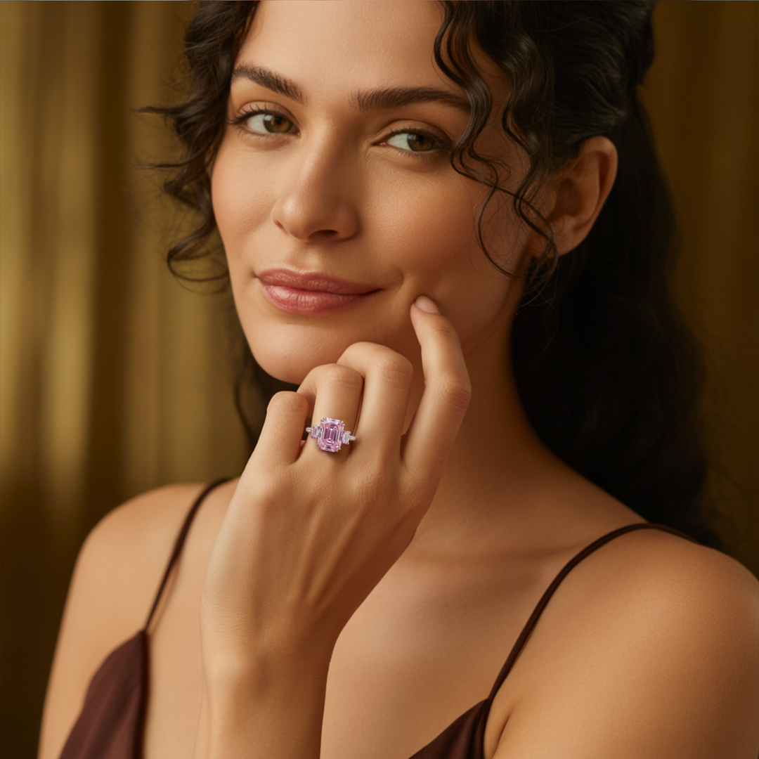 Dusky Blush Ring™ Colored Gem Stone – Three-Stone Pink Moissanite Emerald Ring