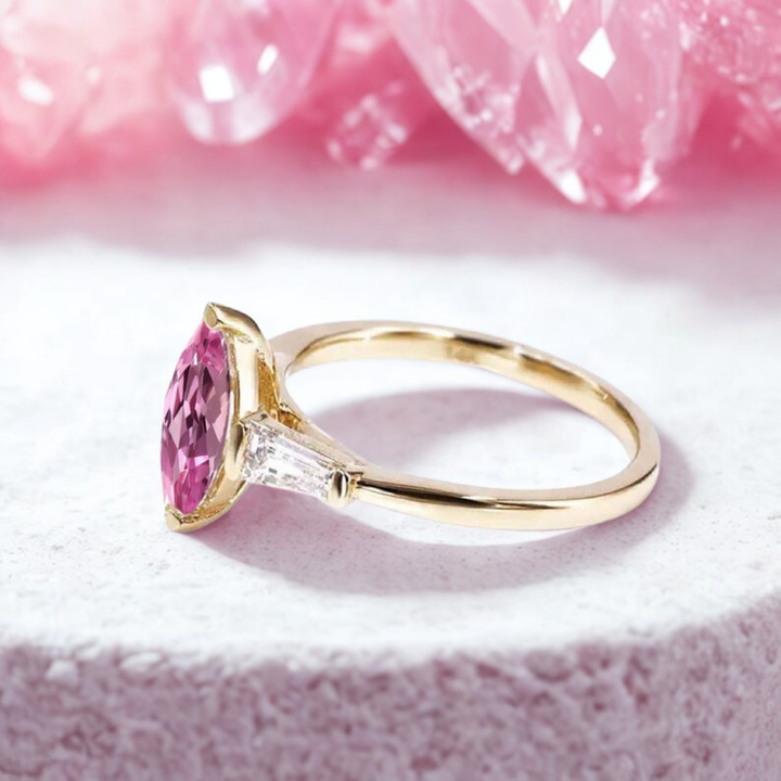 Ethereal Rose Ring™ Luxury Ring – Marquise Pink Sapphire with Tapered Accents in Rose Gold