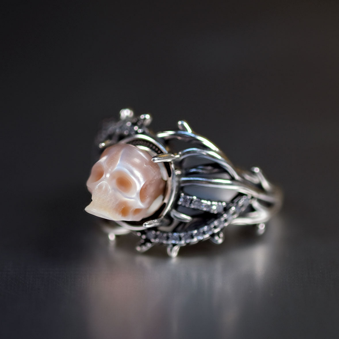 Gothic Pearl Skull Vine Branches Twist Inlaid Ring™ Skull Accessories  – Symbolic Strength Wrapped in Elegance