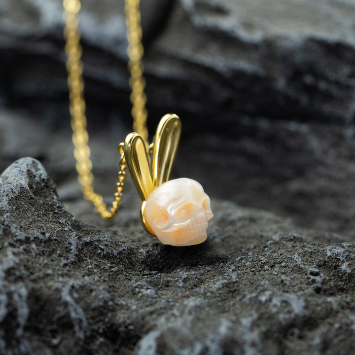 Pearl Skull Gold Bunny Ears Necklace™ Skull Accessories  – Playful Charm with a Gothic Twist