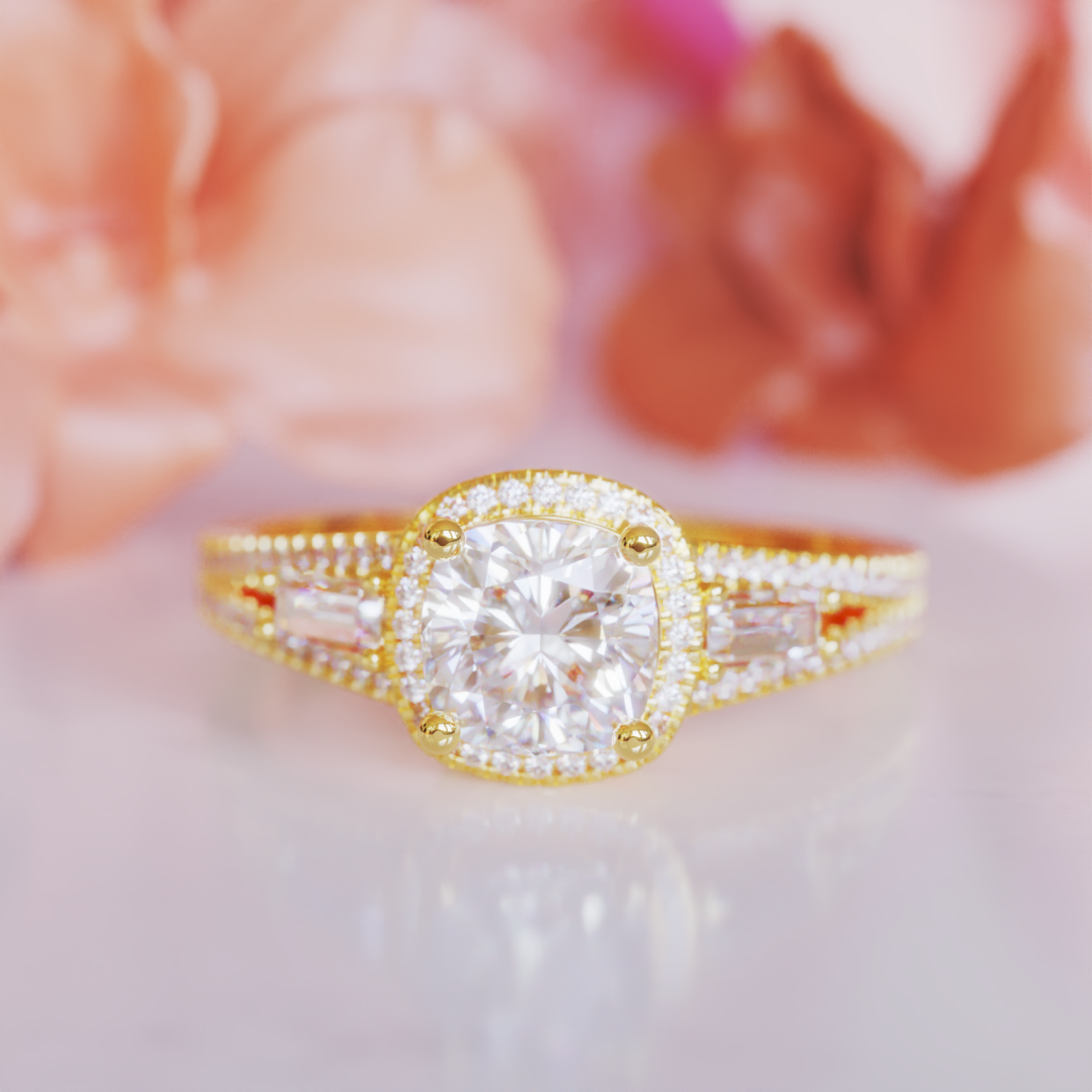 The Helen Ring™ Colored Gem Stone – Regal Radiance in a Cushion Halo Setting