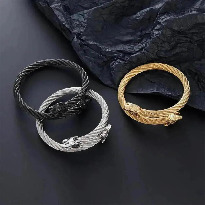 Moon Madrid Calistoga Bracelet™ Men Jewelry – Twisted Cable Torque Bracelet with Wolf Heads