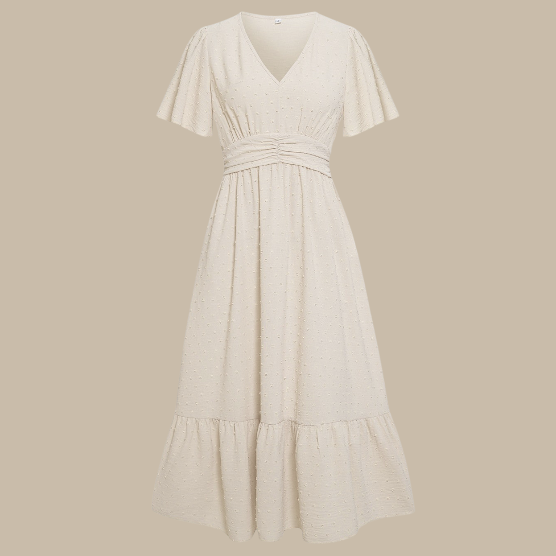 RENÉE™ – V-Neck Calf-Length Dress with Short Sleeves