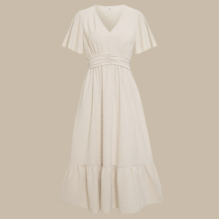 RENÉE™ – V-Neck Calf-Length Dress with Short Sleeves