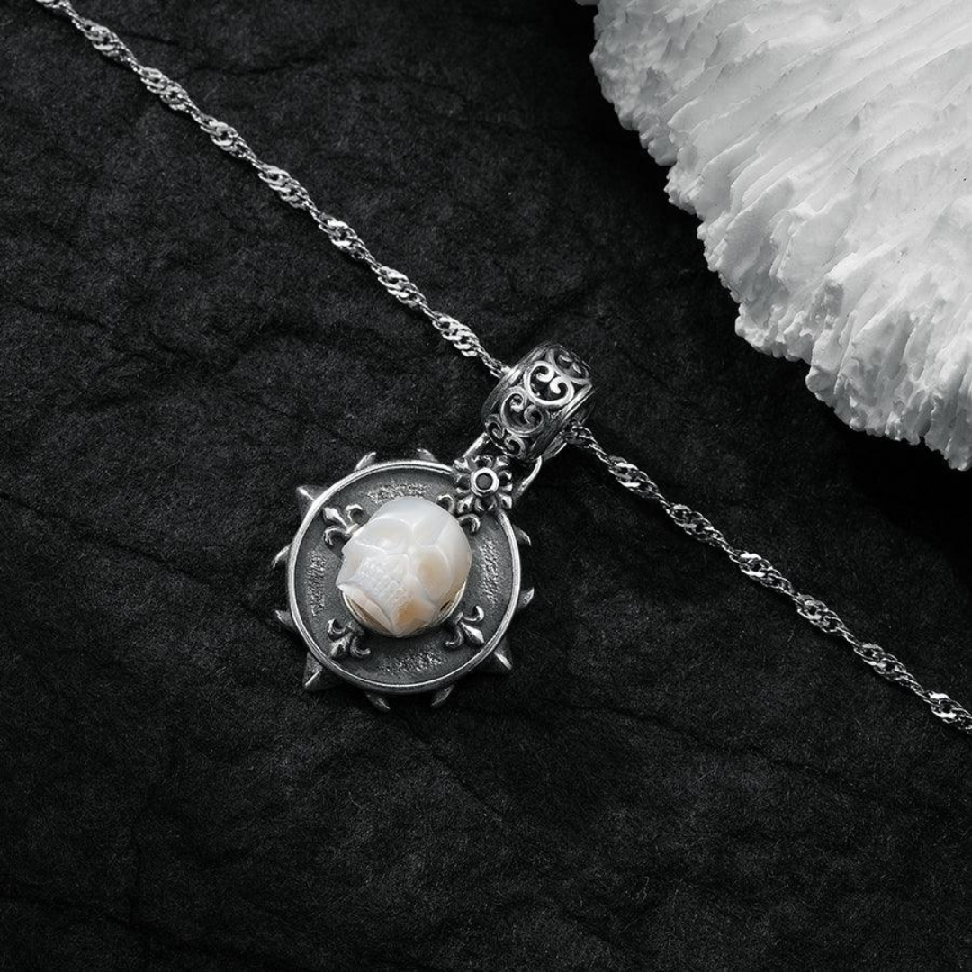 Baroque Carving Pearl Skull Royal Circle Shield Necklace™ Skull Accessories  – Gothic Elegance in a Statement Pendant