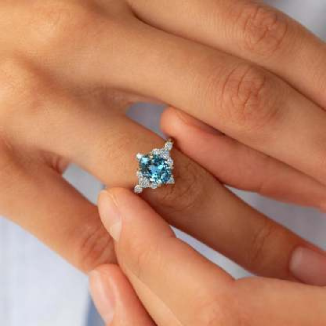 Glacier Flame Ring™ Colored Gem Stone – Ice Blue Radiance Framed in Firelight