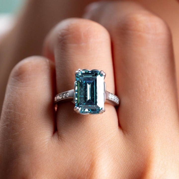 Elven Crown Ring™ Colored Gem Stone – Regal Depth in a Sapphire-Toned Emerald Cut