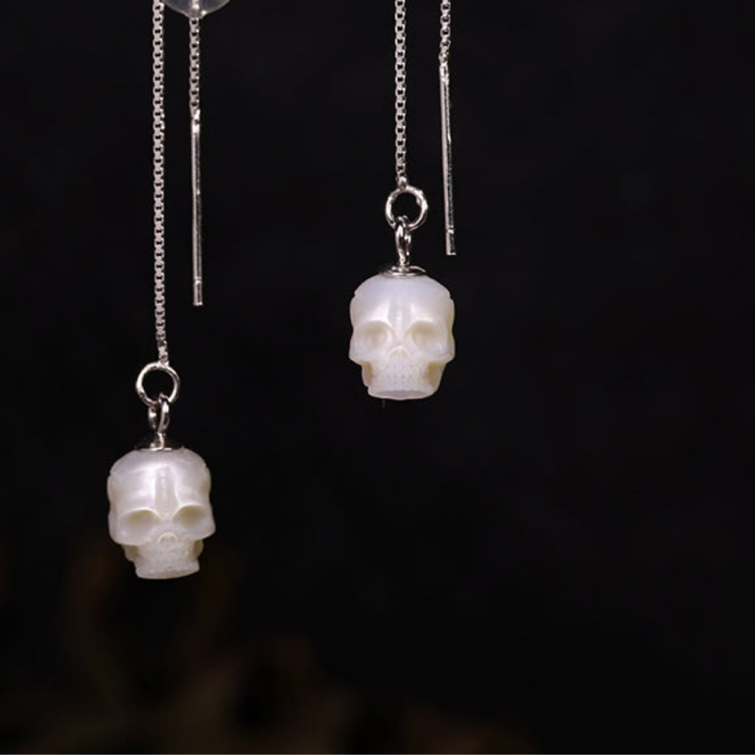 Dainty Pearl Skull Ear Threader Earrings™ Skull Accessories  – Gracefully Edgy Elegance
