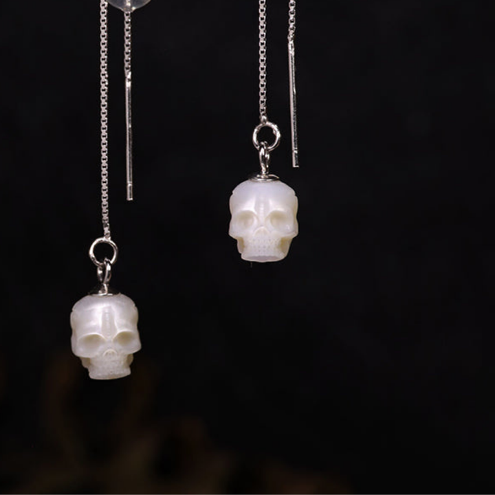 Dainty Pearl Skull Ear Threader Earrings™ Skull Accessories  – Gracefully Edgy Elegance
