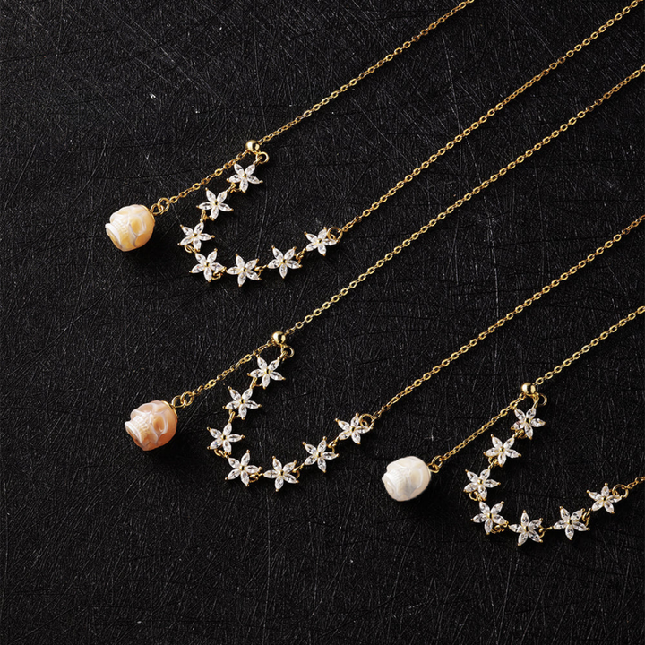 Dainty Pearl Skull Lily Necklace™ Skull Accessories  – Gold Marquise Cut CZ Flowers with Carved Pearl Skull