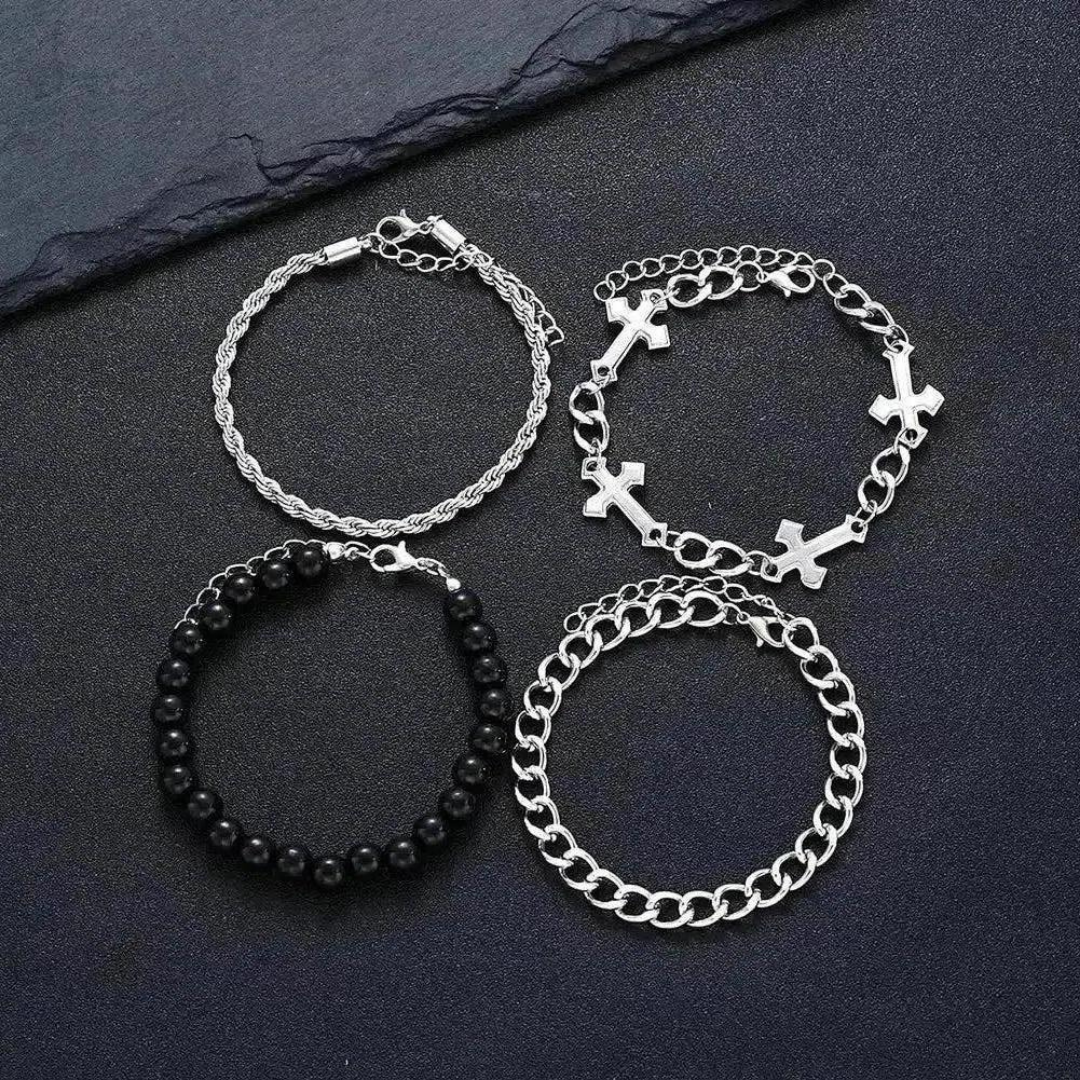 Saint Martin Marion Bracelet™ Men Jewelry – 4-Piece Stainless Steel Bracelet Set with Cross Detail