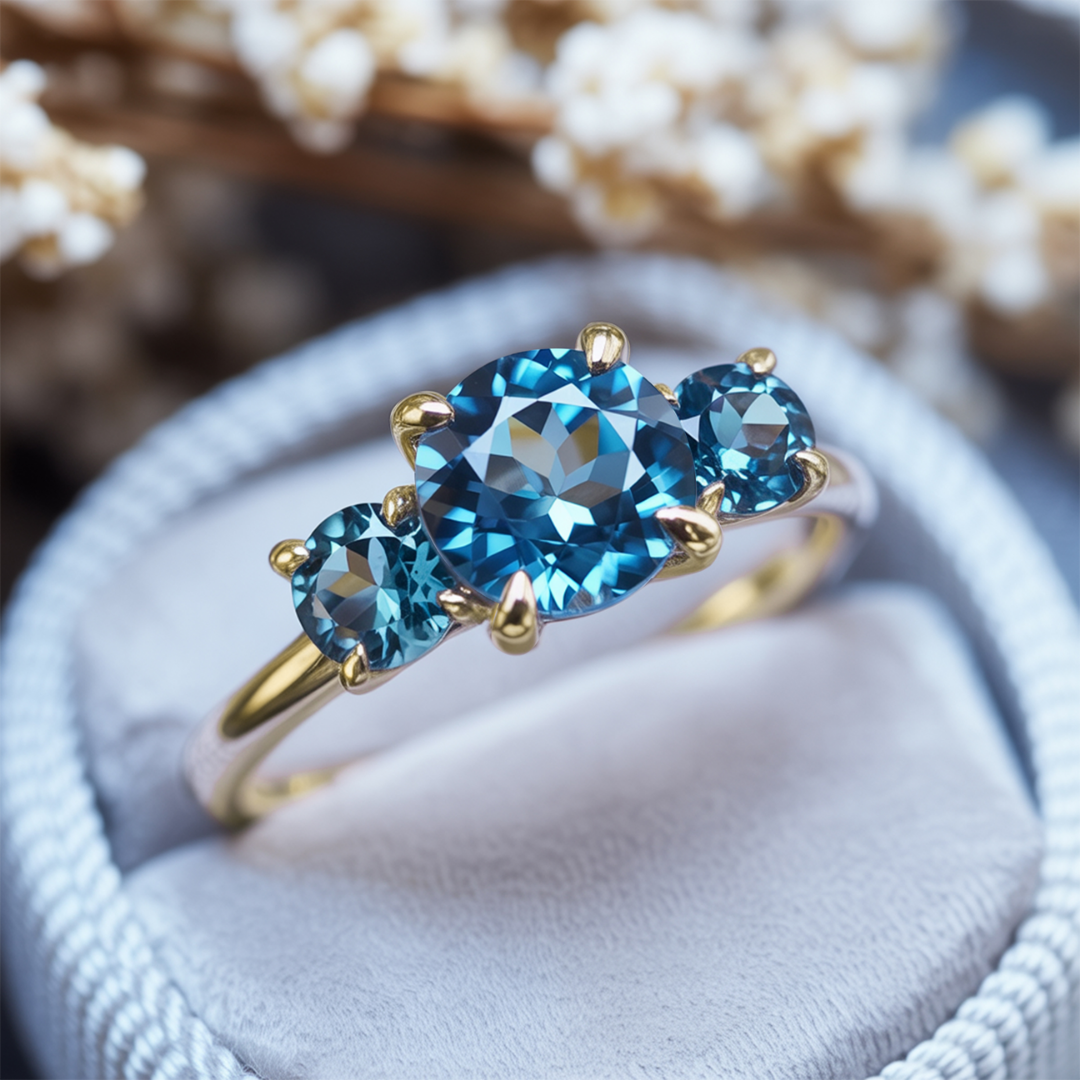 Starborne Ring™ Colored Gem Stone – Three-Stone Blue Moissanite Ring