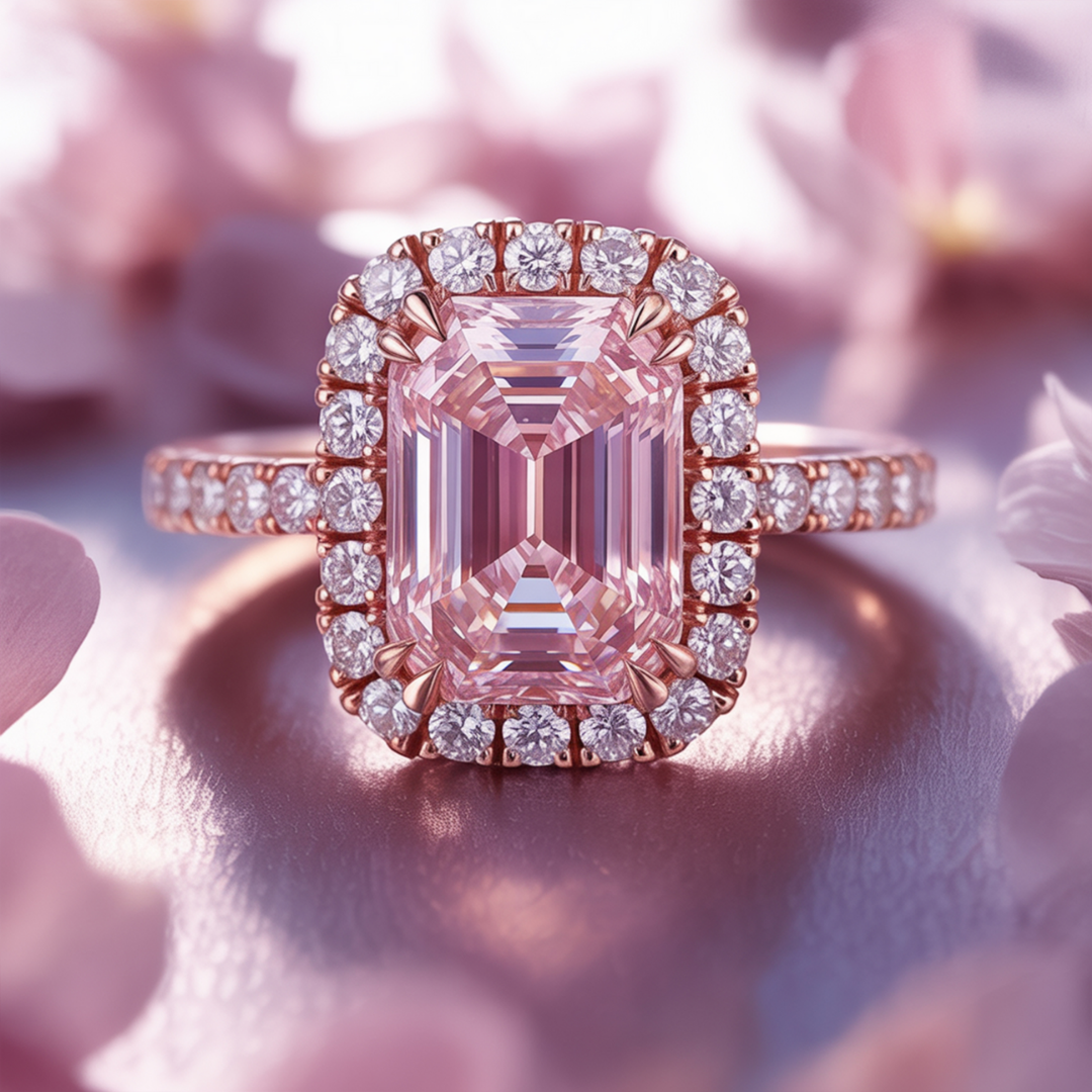Pink Halo Ring™ Colored Gem Stone – Radiant Pink Moissanite Halo Ring