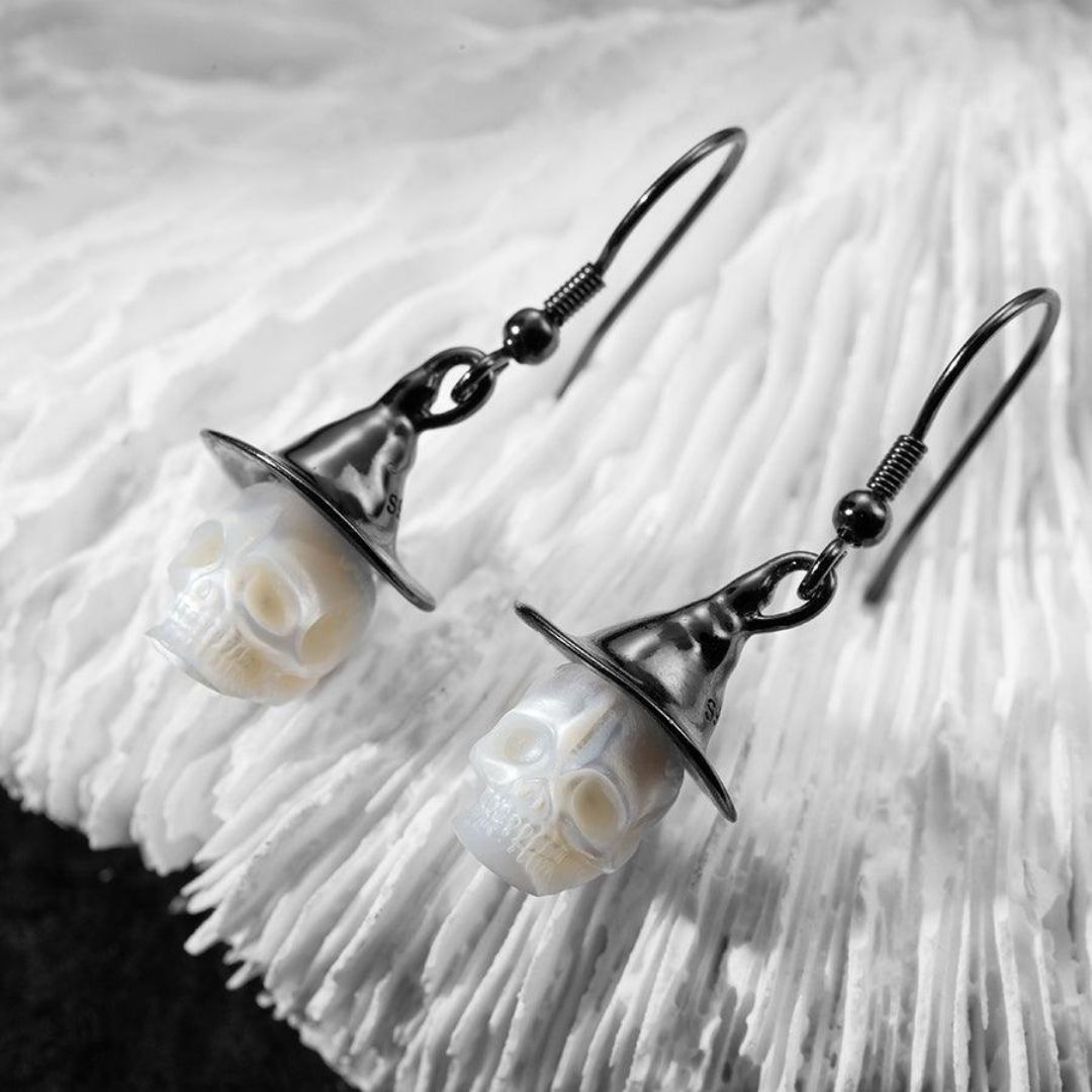 Witch Hat Pearl Skull Earrings™ Skull Accessories  – Gothic Pearl Drop Earrings with Witch Hat Design