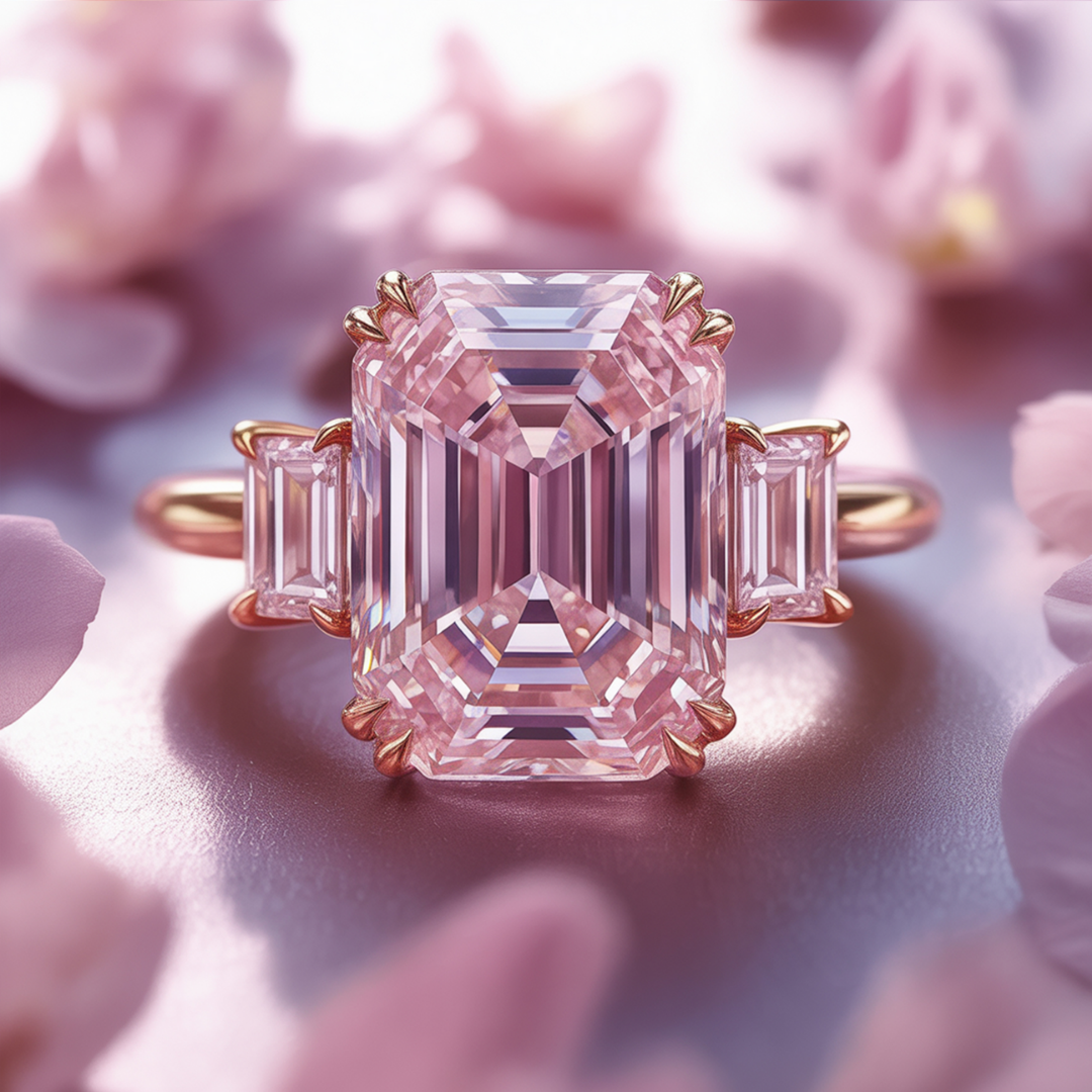 Dusky Blush Ring™ Colored Gem Stone – Three-Stone Pink Moissanite Emerald Ring