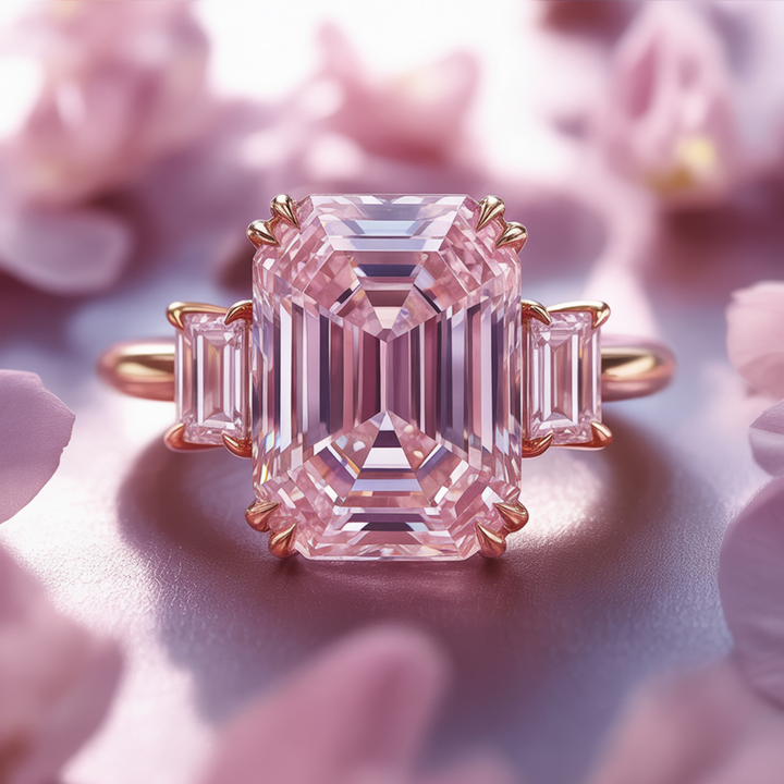 Dusky Blush Ring™ Colored Gem Stone – Three-Stone Pink Moissanite Emerald Ring
