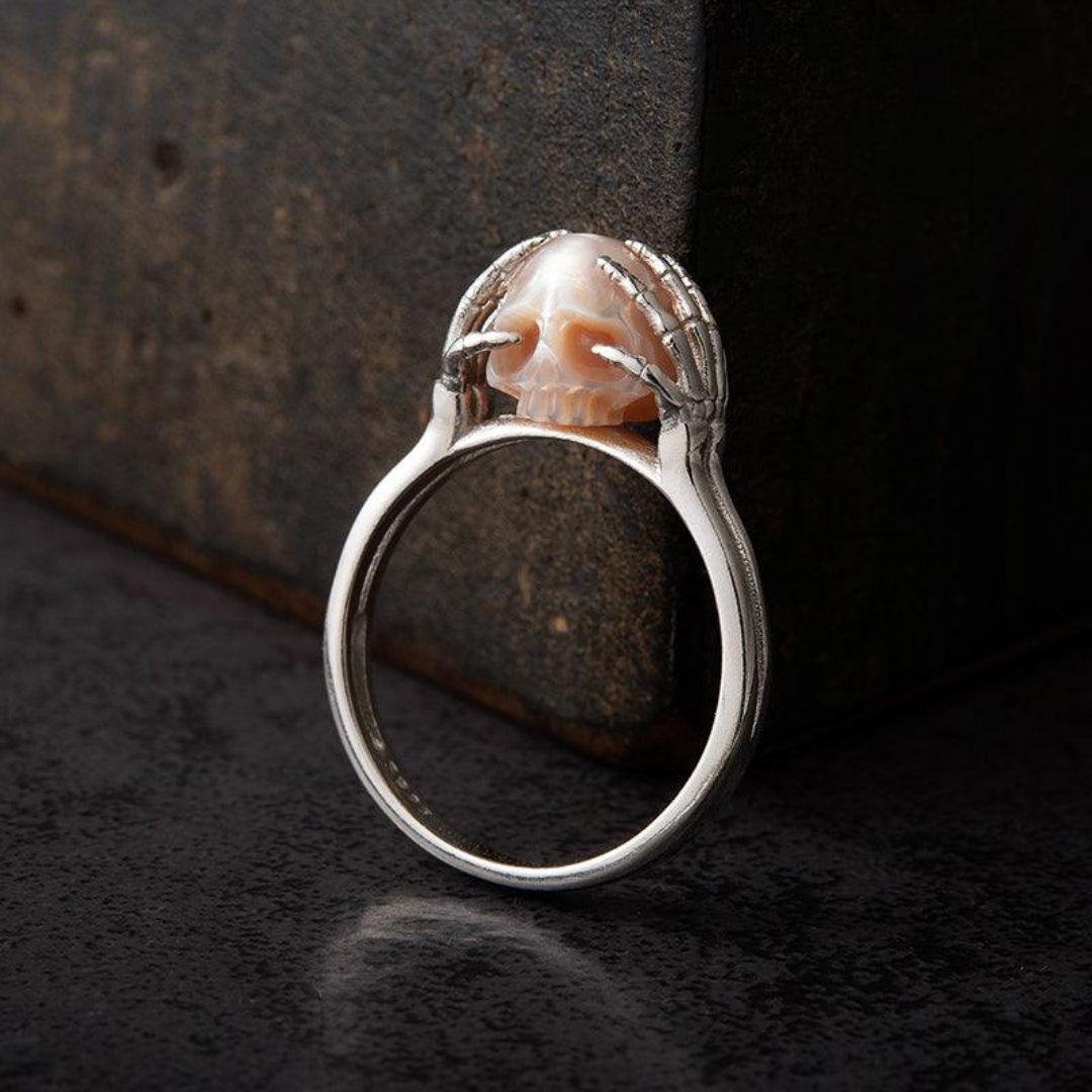 Hands On Head Pearl Cranium Ring™ Skull Accessories  – Gothic Elegance in Sculpted Pearl