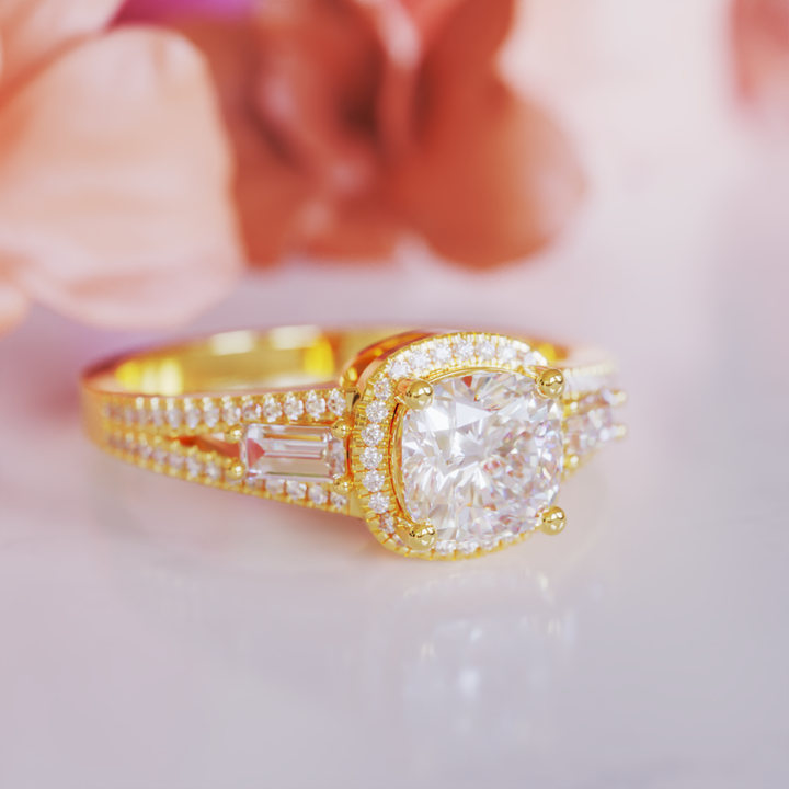 The Helen Ring™ Colored Gem Stone – Regal Radiance in a Cushion Halo Setting