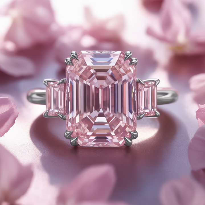 Dusky Blush Ring™ Colored Gem Stone – Three-Stone Pink Moissanite Emerald Ring