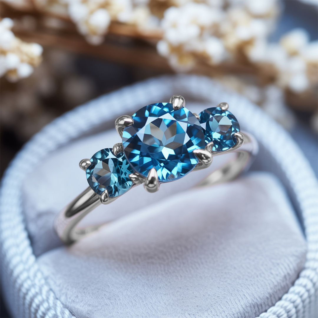 Starborne Ring™ Colored Gem Stone – Three-Stone Blue Moissanite Ring