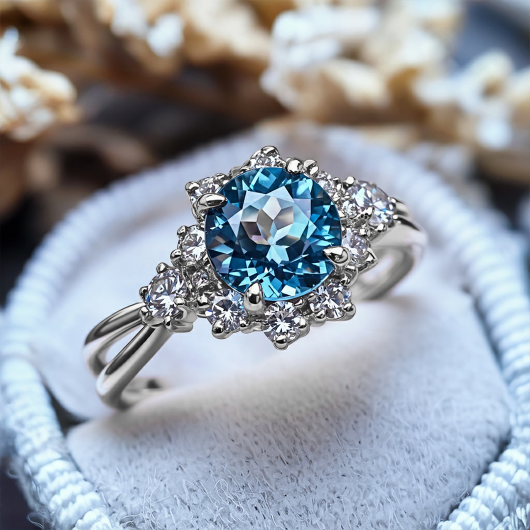 Stormlight Ring™ Colored Gem Stone – Split Band Blue Moissanite Halo Ring