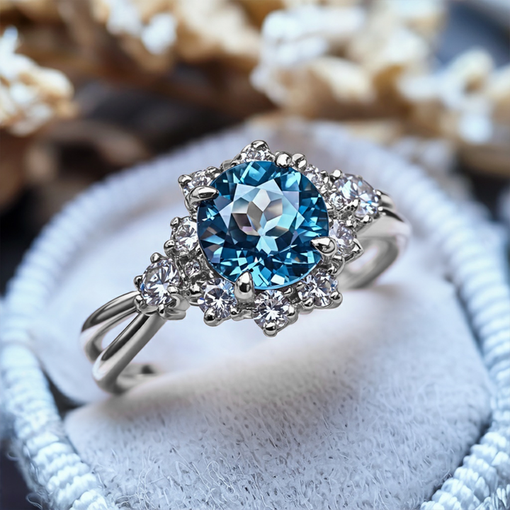 Stormlight Ring™ Colored Gem Stone – Split Band Blue Moissanite Halo Ring