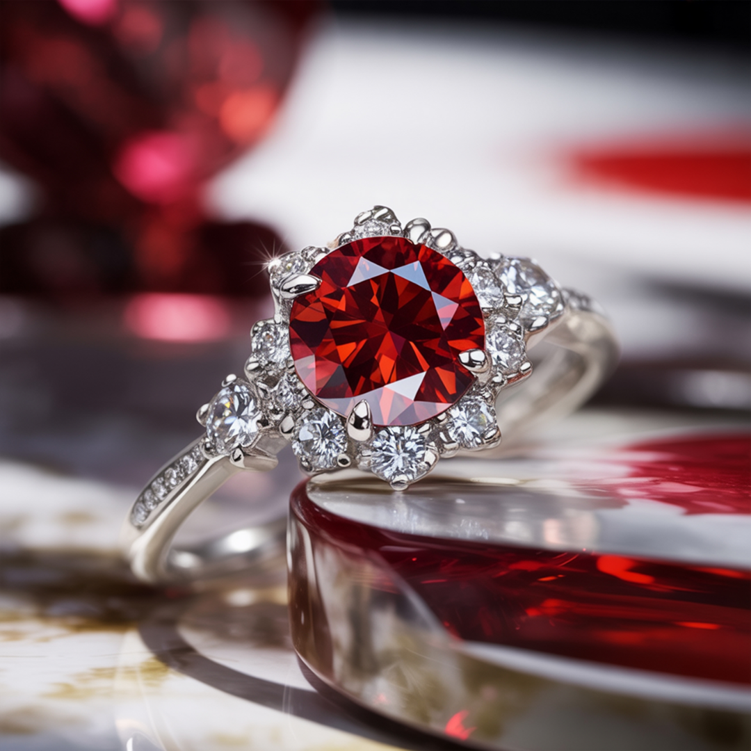 Velvet Blaze Ring™ Colored Gem Stone – Fiery Elegance in a Dazzling Halo