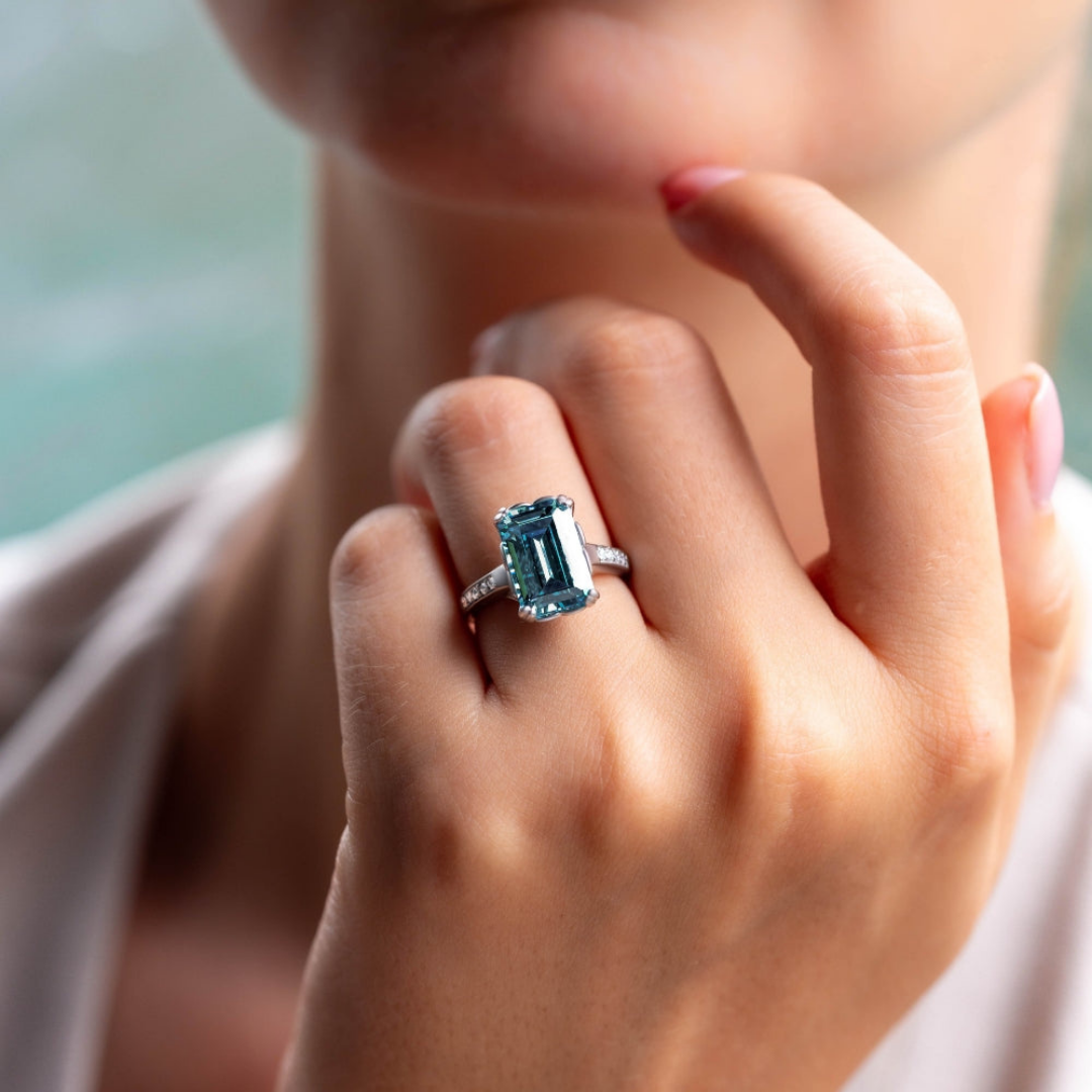 Elven Crown Ring™ Colored Gem Stone – Regal Depth in a Sapphire-Toned Emerald Cut