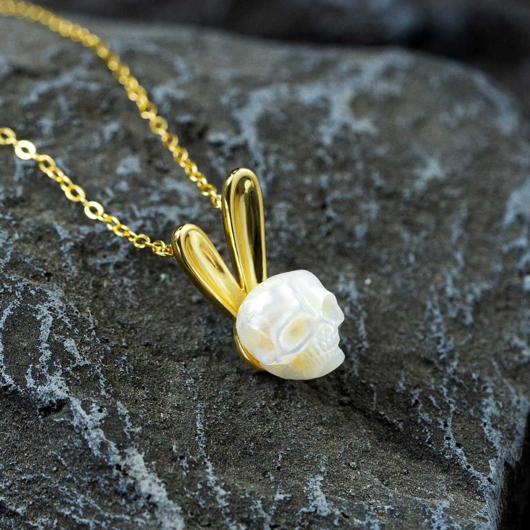 Pearl Skull Gold Bunny Ears Necklace™ Skull Accessories  – Playful Charm with a Gothic Twist