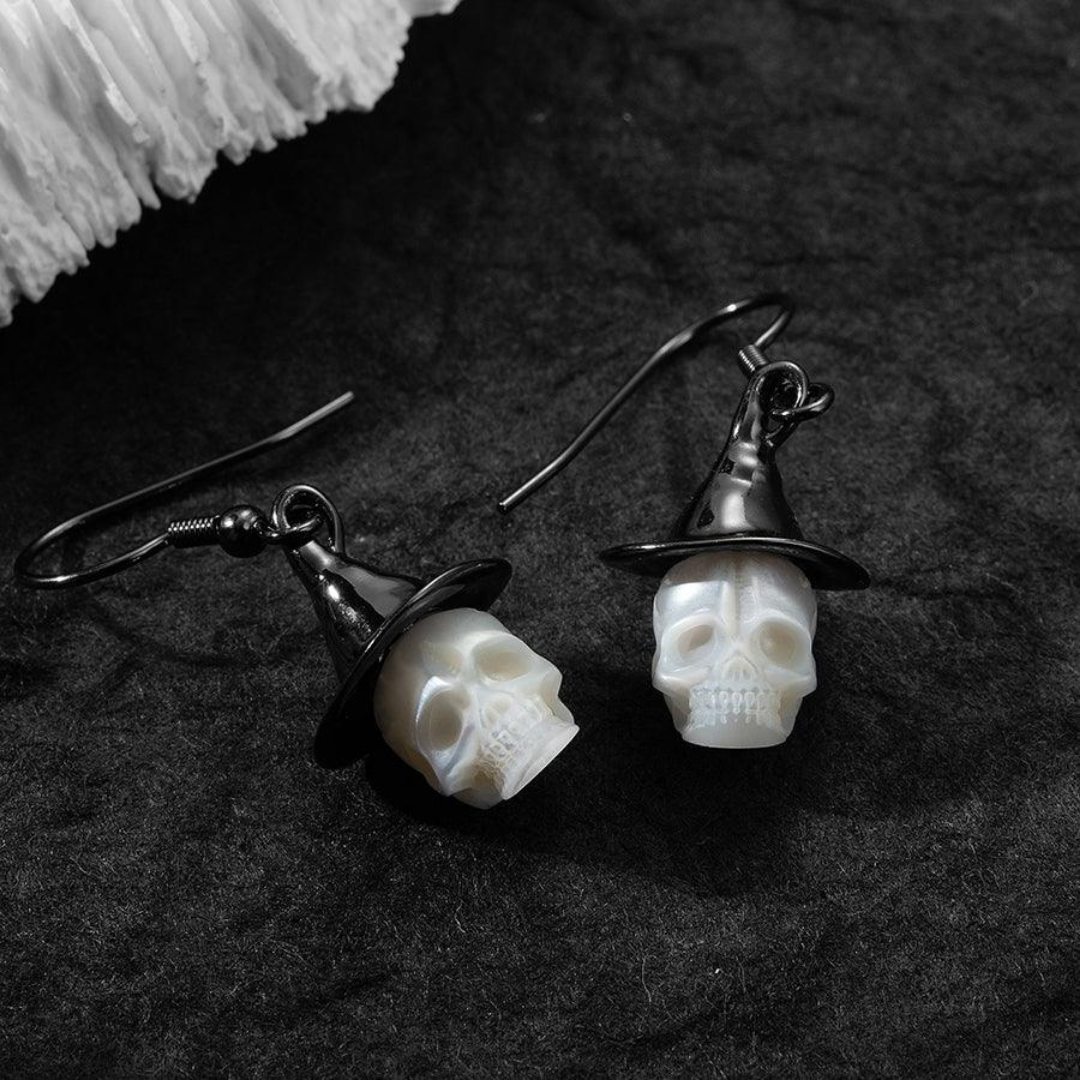 Witch Hat Pearl Skull Earrings™ Skull Accessories  – Gothic Pearl Drop Earrings with Witch Hat Design