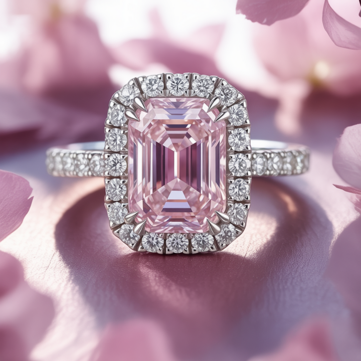 Pink Halo Ring™ Colored Gem Stone – Radiant Pink Moissanite Halo Ring