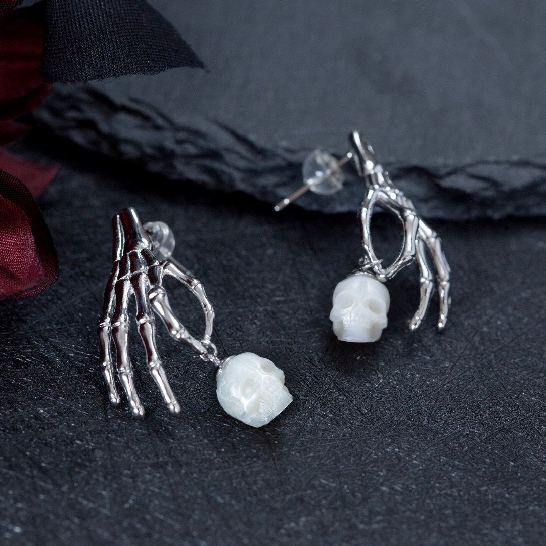 Punk Skeleton Hand Pearl Skull Dangle Earrings™ Skull Accessories  – Gothic Drama in Every Detail