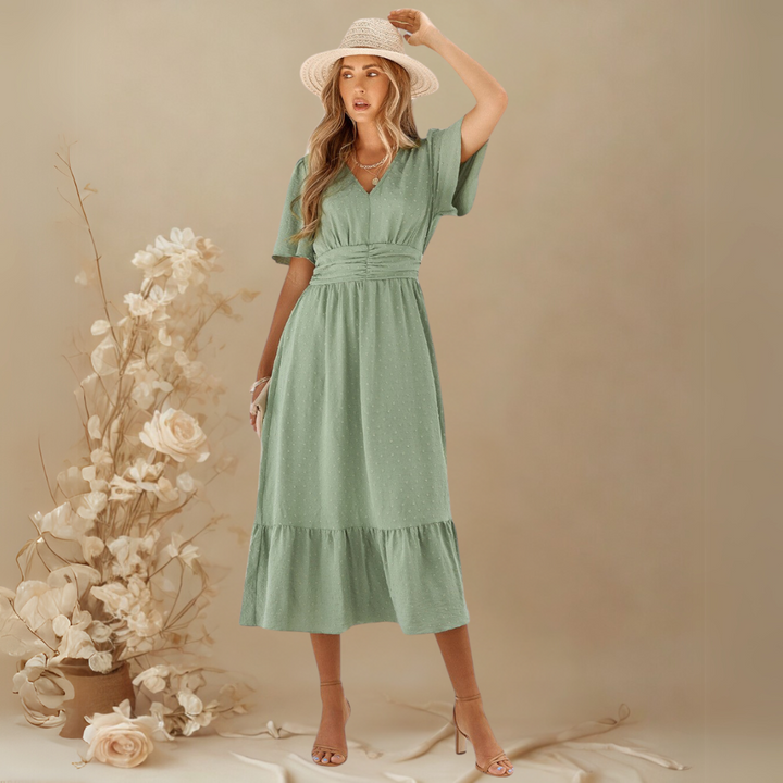 RENÉE™ – V-Neck Calf-Length Dress with Short Sleeves