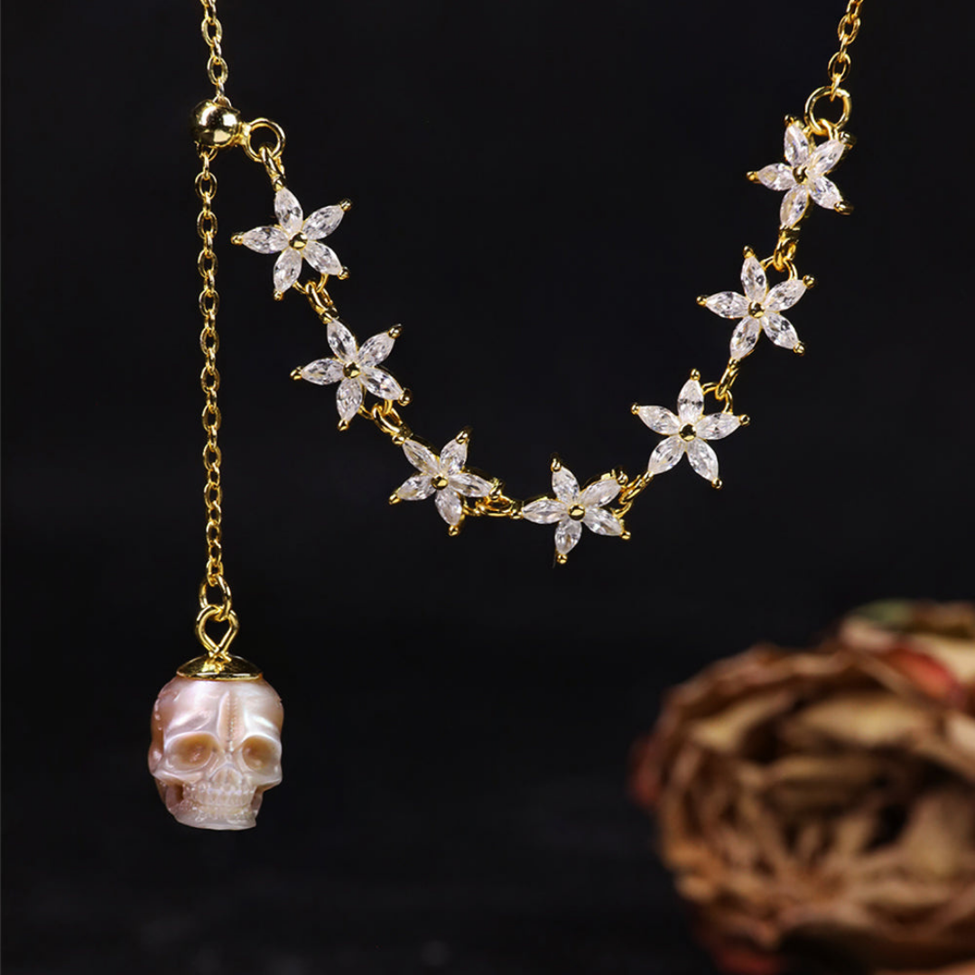 Dainty Pearl Skull Lily Necklace™ Skull Accessories  – Gold Marquise Cut CZ Flowers with Carved Pearl Skull