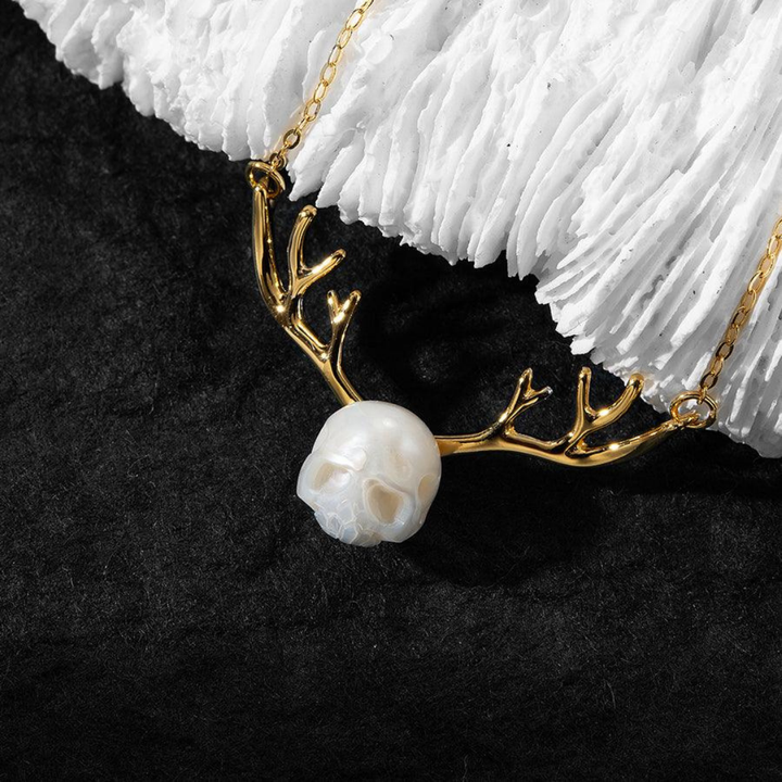Reindeer Antler Pearl Cranium Clavicle Chain Pendant Necklace™ Skull Accessories  – Antler Elegance with Gothic Whimsy