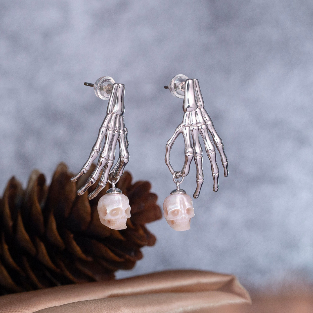 Punk Skeleton Hand Pearl Skull Dangle Earrings™ Skull Accessories  – Gothic Drama in Every Detail