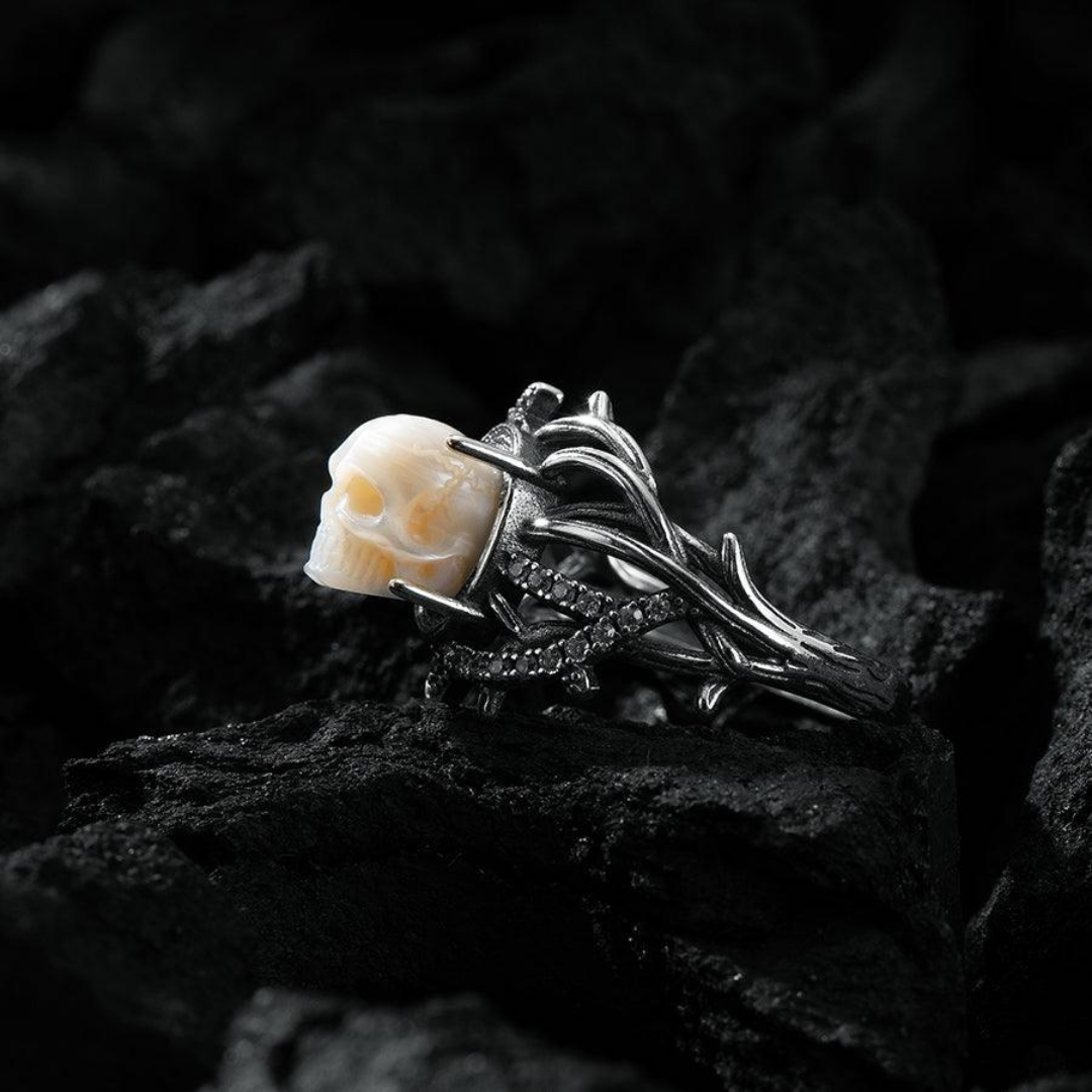 Gothic Pearl Skull Vine Branches Twist Inlaid Ring™ Skull Accessories  – Symbolic Strength Wrapped in Elegance