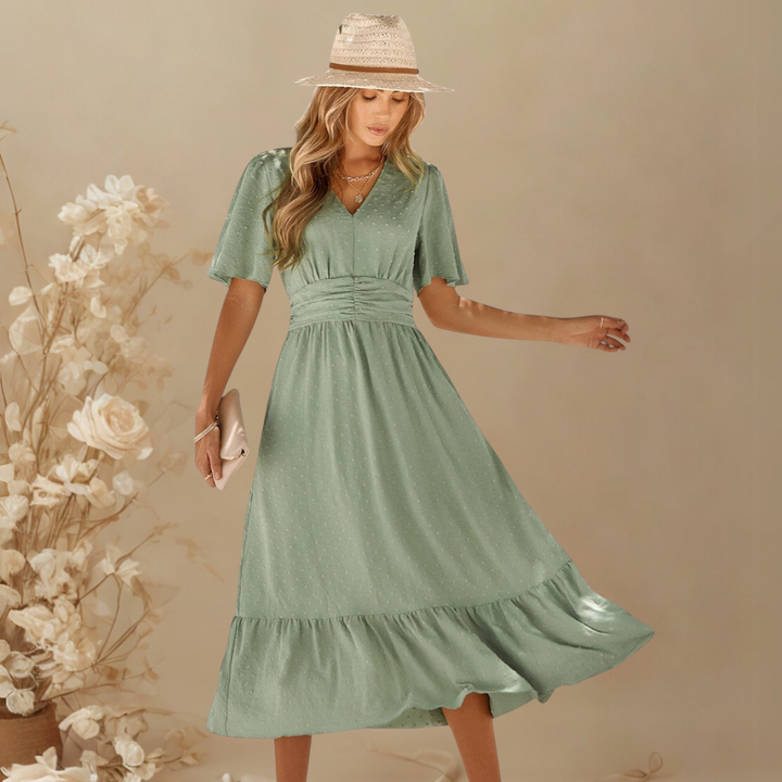 RENÉE™ – V-Neck Calf-Length Dress with Short Sleeves