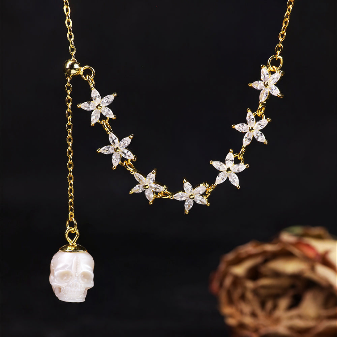 Dainty Pearl Skull Lily Necklace™ Skull Accessories  – Gold Marquise Cut CZ Flowers with Carved Pearl Skull